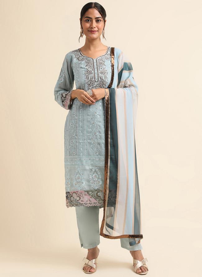 Faux Georgette Blue Traditional Wear Zari Work Straight Suit